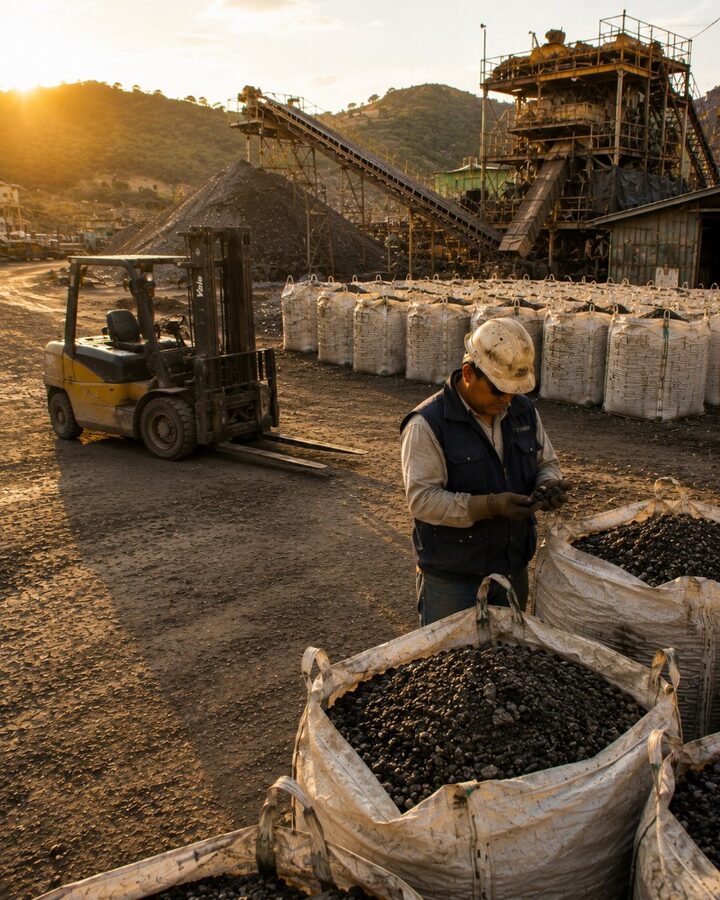 Operator inspecting concentrate in big bags inside a Peruvian processing plant at sunset, with mountain, plant and forklift in the background.